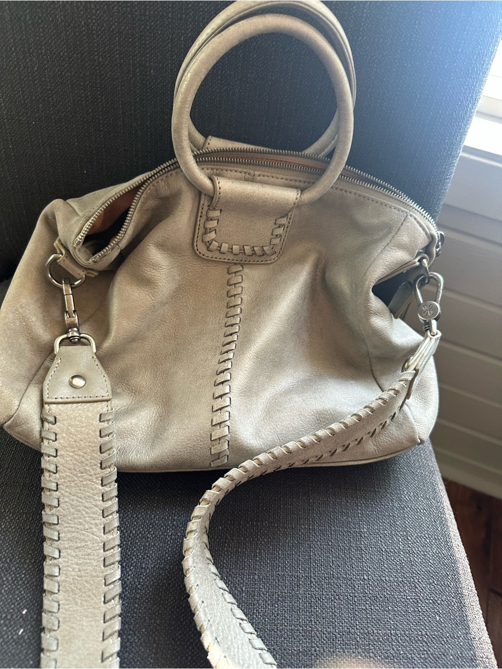 HOBO Metallic Taupe Whipstitch Leather Shoulder Bag